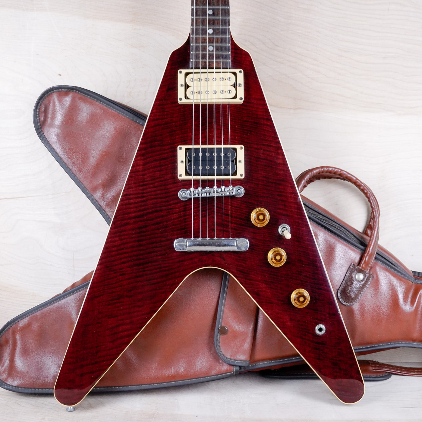 Greco Flying V Non Catalog MIJ 1982 Red Flame CMT Style Made in Japan w/ Bag
